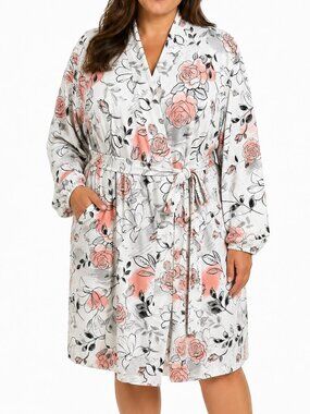 La Vie en Rose Floral Robe XL Soft Stretch Belted Lounge Robe Pink White